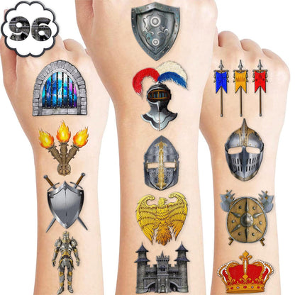 96PCS Medieval Knight Temporary Tattoos for Kids - Pre-Cut Stickers for Birthday Party Decorations, Favors, Prizes