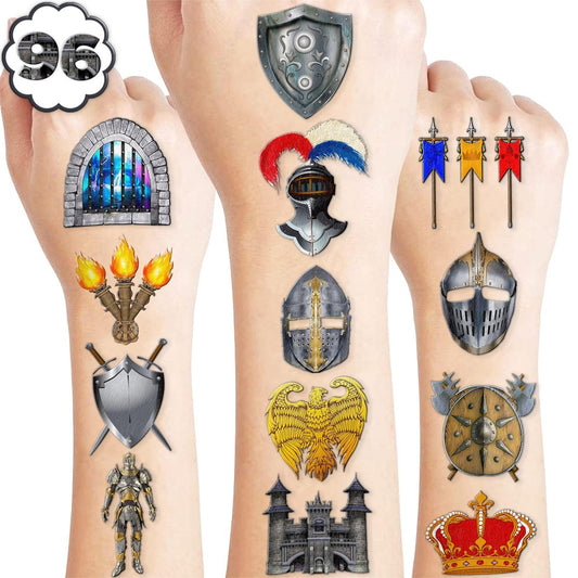 96PCS Medieval Knight Temporary Tattoos for Kids - Pre-Cut Stickers for Birthday Party Decorations, Favors, Prizes