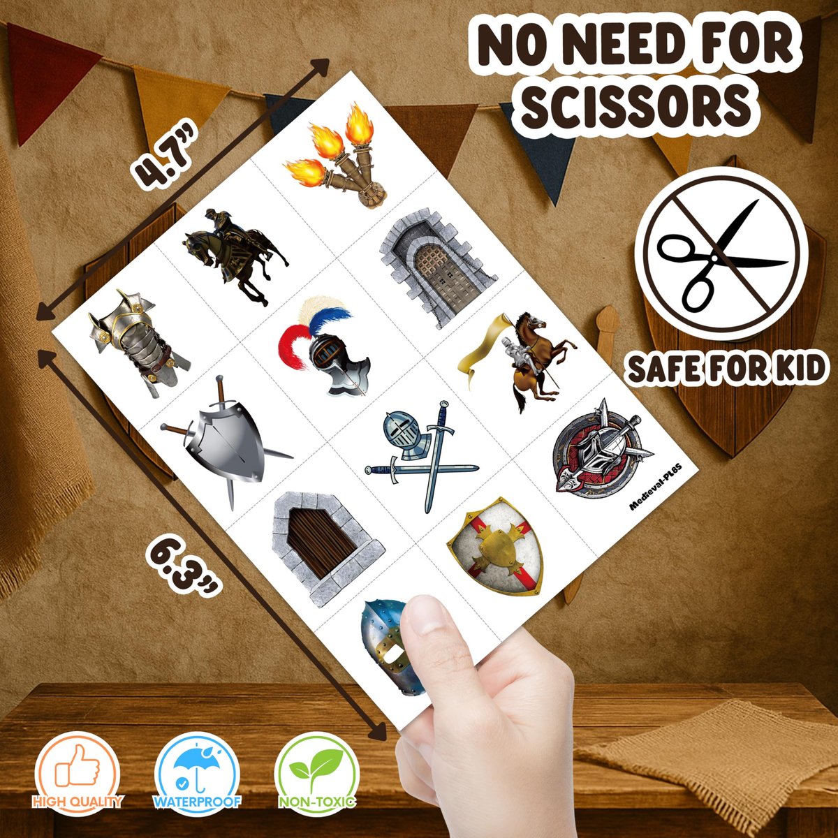 96PCS Medieval Knight Temporary Tattoos for Kids - Pre-Cut Stickers for Birthday Party Decorations, Favors, Prizes - görsel 9