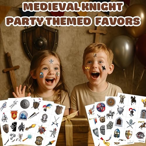 96PCS Medieval Knight Temporary Tattoos for Kids - Pre-Cut Stickers for Birthday Party Decorations, Favors, Prizes - görsel 4