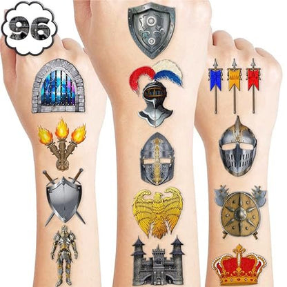 96PCS Medieval Knight Temporary Tattoos for Kids - Pre-Cut Stickers for Birthday Party Decorations, Favors, Prizes