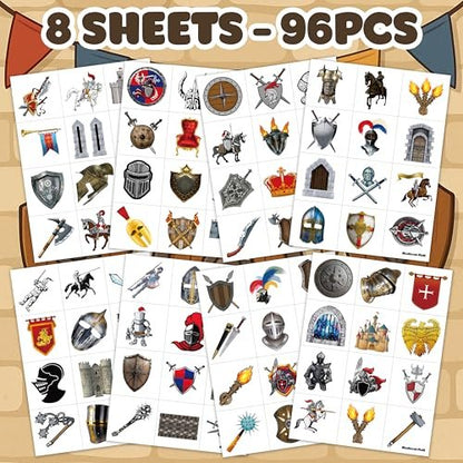 96PCS Medieval Knight Temporary Tattoos for Kids - Pre-Cut Stickers for Birthday Party Decorations, Favors, Prizes