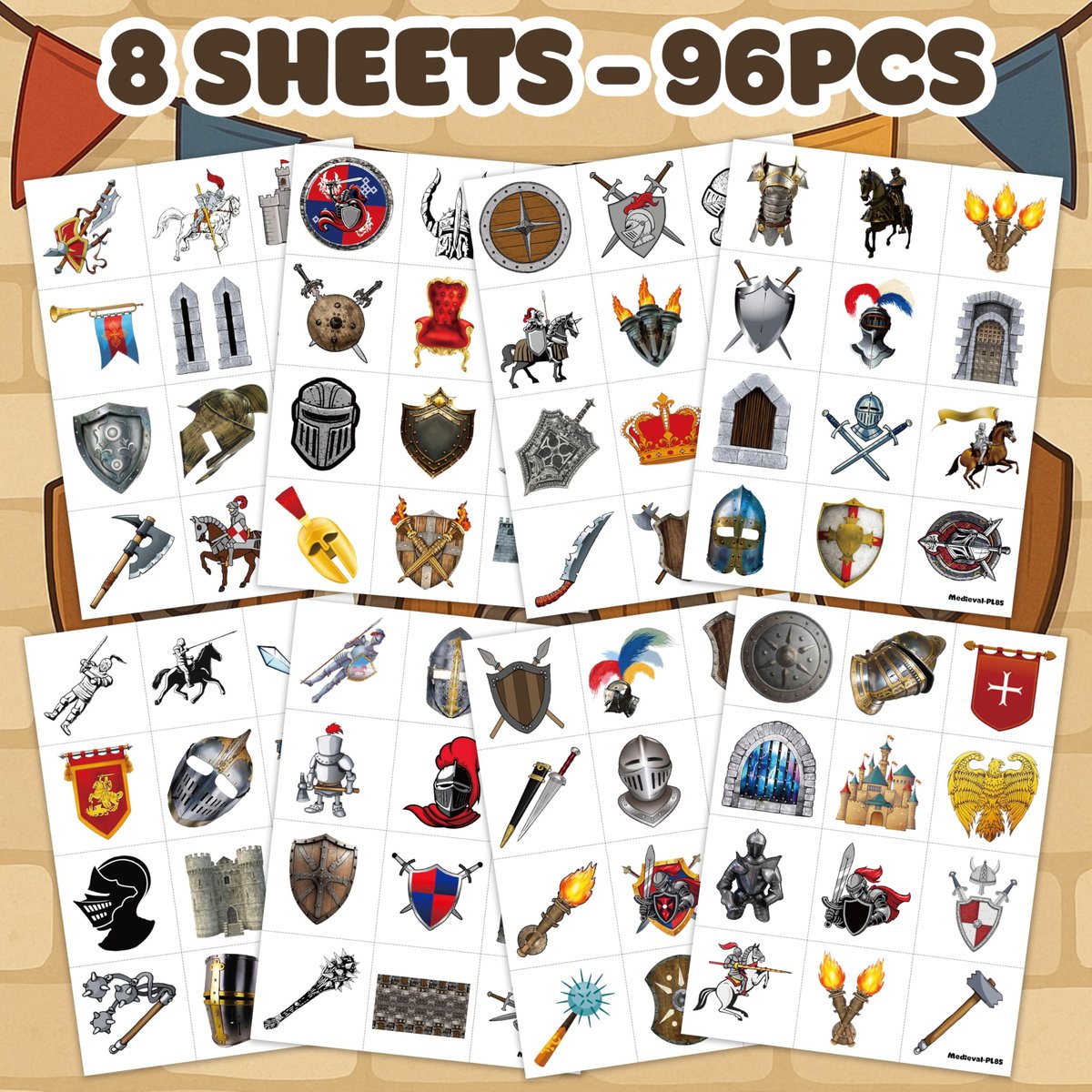 96PCS Medieval Knight Temporary Tattoos for Kids - Pre-Cut Stickers for Birthday Party Decorations, Favors, Prizes - görsel 5