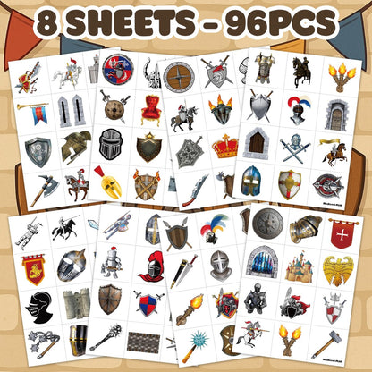 96PCS Medieval Knight Temporary Tattoos for Kids - Pre-Cut Stickers for Birthday Party Decorations, Favors, Prizes