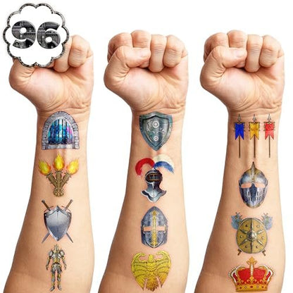 96PCS Medieval Knight Temporary Tattoos for Kids - Pre-Cut Stickers for Birthday Party Decorations, Favors, Prizes