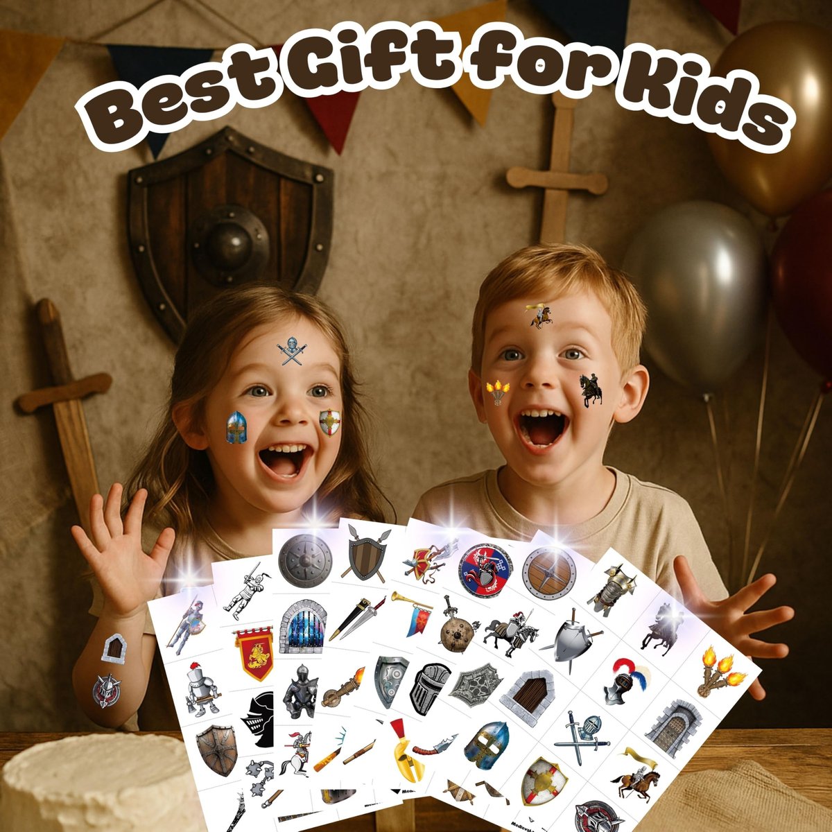 96PCS Medieval Knight Temporary Tattoos for Kids - Pre-Cut Stickers for Birthday Party Decorations, Favors, Prizes - görsel 7