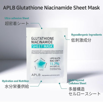 APLB Glutathione Niacinamide Sheet Mask 10pcs | LIPO GLUTA NIAC CEN™ 13.7% – Korean Skincare, Deep Hydration & Soothing for Sensitive Skin, Improve Elasticity