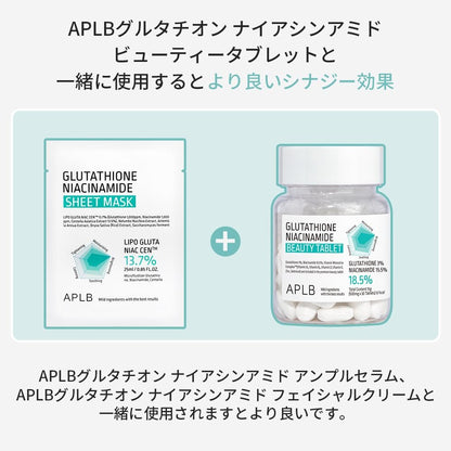 APLB Glutathione Niacinamide Sheet Mask 10pcs | LIPO GLUTA NIAC CEN™ 13.7% – Korean Skincare, Deep Hydration & Soothing for Sensitive Skin, Improve Elasticity