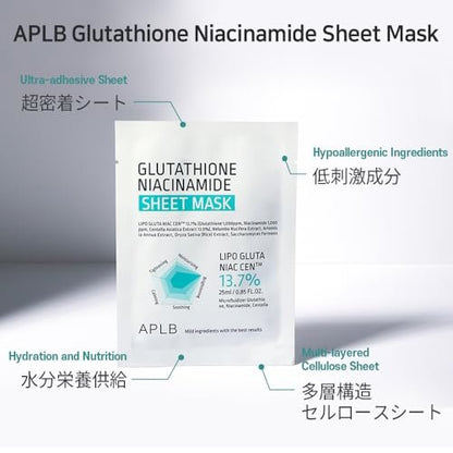 APLB Glutathione Niacinamide Sheet Mask 10pcs | LIPO GLUTA NIAC CEN™ 13.7% – Korean Skincare, Deep Hydration & Soothing for Sensitive Skin, Improve Elasticity