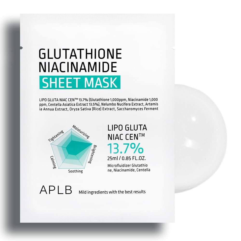 APLB Glutathione Niacinamide Sheet Mask 10pcs | LIPO GLUTA NIAC CEN™ 13.7% – Korean Skincare, Deep Hydration & Soothing for Sensitive Skin, Improve Elasticity - görsel 1
