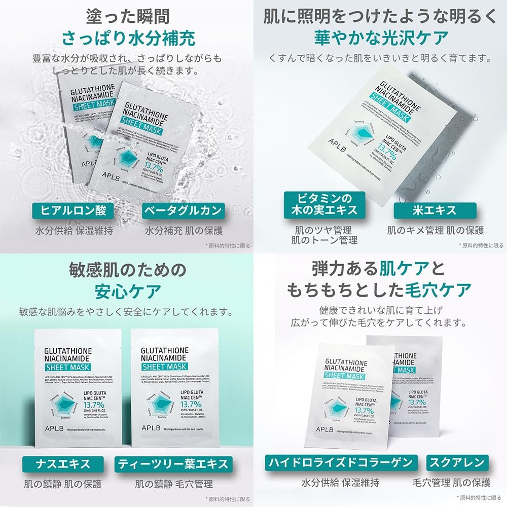 APLB Glutathione Niacinamide Sheet Mask 10pcs | LIPO GLUTA NIAC CEN™ 13.7% – Korean Skincare, Deep Hydration & Soothing for Sensitive Skin, Improve Elasticity - görsel 15