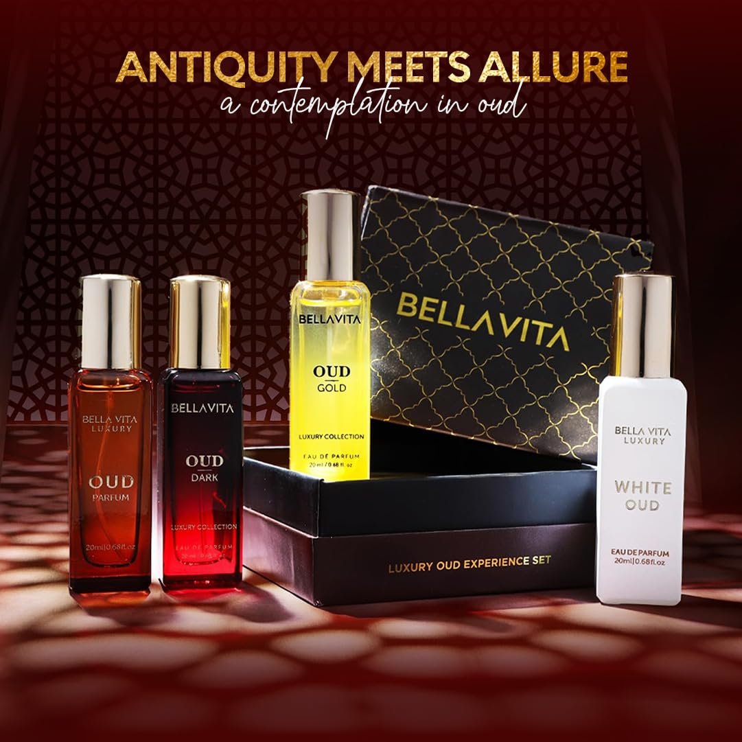 BellaVita Luxury OUD Experience Gift Set (4x20ml) – Premium Arabic Unisex Perfumes | Gold, Dark & White OUD with Caramel, Orris, Vetiver & Citrus Avelisse