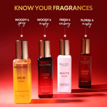 BellaVita Luxury OUD Experience Gift Set (4x20ml) – Premium Arabic Unisex Perfumes | Gold, Dark & White OUD with Caramel, Orris, Vetiver & Citrus Avelisse