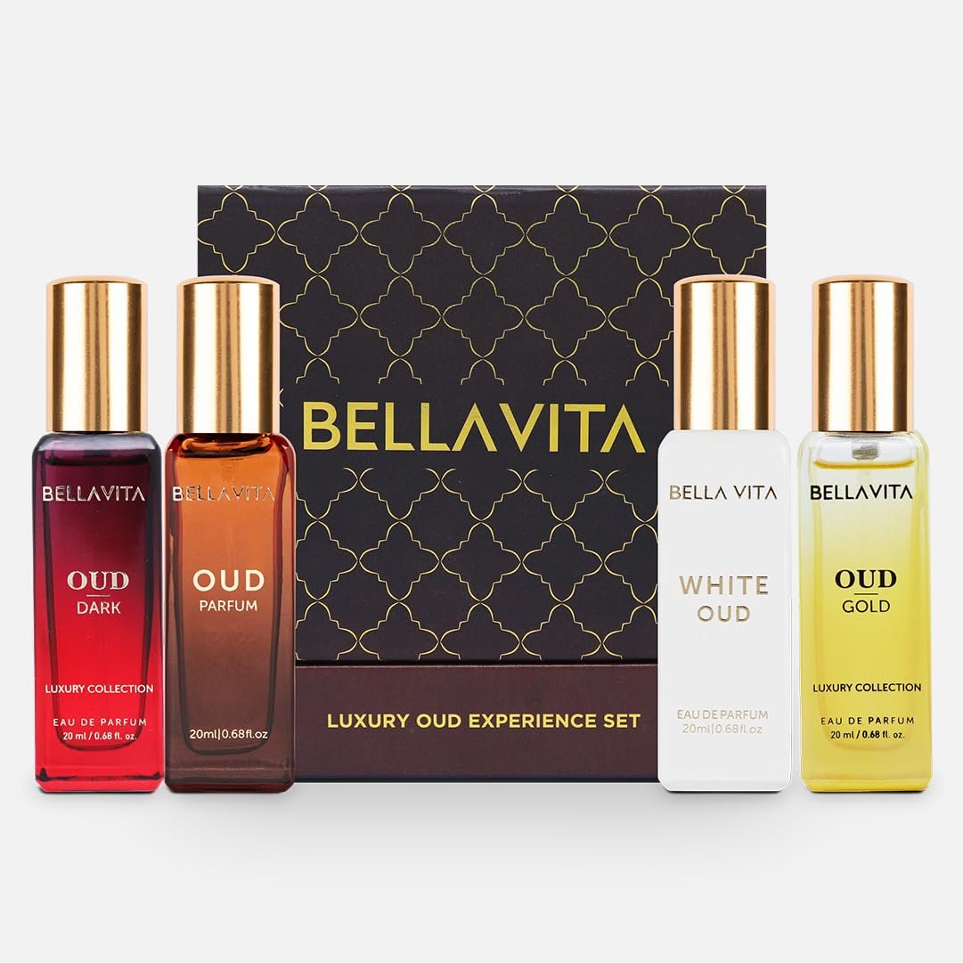 BellaVita Luxury OUD Experience Gift Set (4x20ml) – Premium Arabic Unisex Perfumes | Gold, Dark & White OUD with Caramel, Orris, Vetiver & Citrus Avelisse