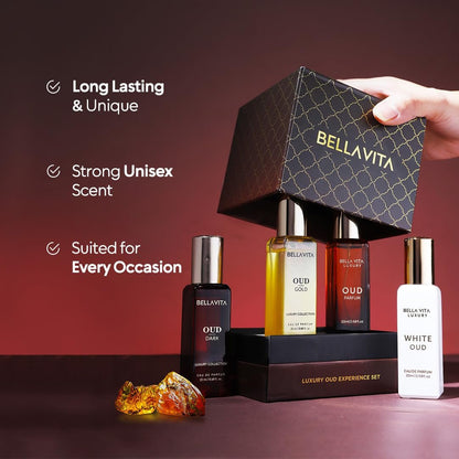 BellaVita Luxury OUD Experience Gift Set (4x20ml) – Premium Arabic Unisex Perfumes | Gold, Dark & White OUD with Caramel, Orris, Vetiver & Citrus Avelisse