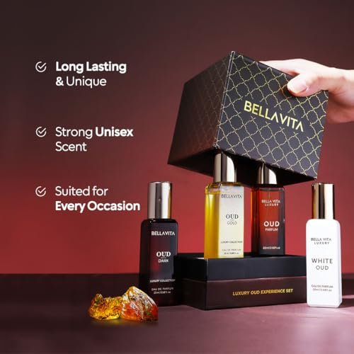 BellaVita Luxury OUD Experience Gift Set (4x20ml) – Premium Arabic Unisex Perfumes | Gold, Dark & White OUD with Caramel, Orris, Vetiver & Citrus Avelisse