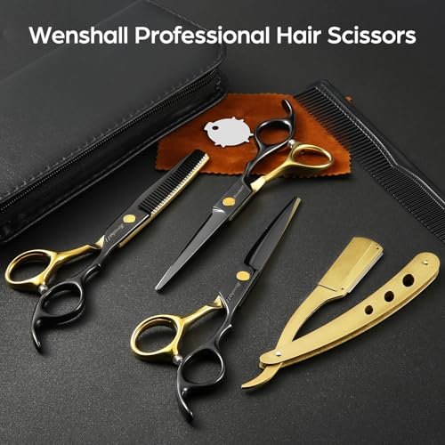 Wenshall Professional Black Gold Hair Scissors 6.89" Teeth Japanese Stainless Steel Thinning Shears - Premium Salon & Barber Tool for Men & Women Avelisse