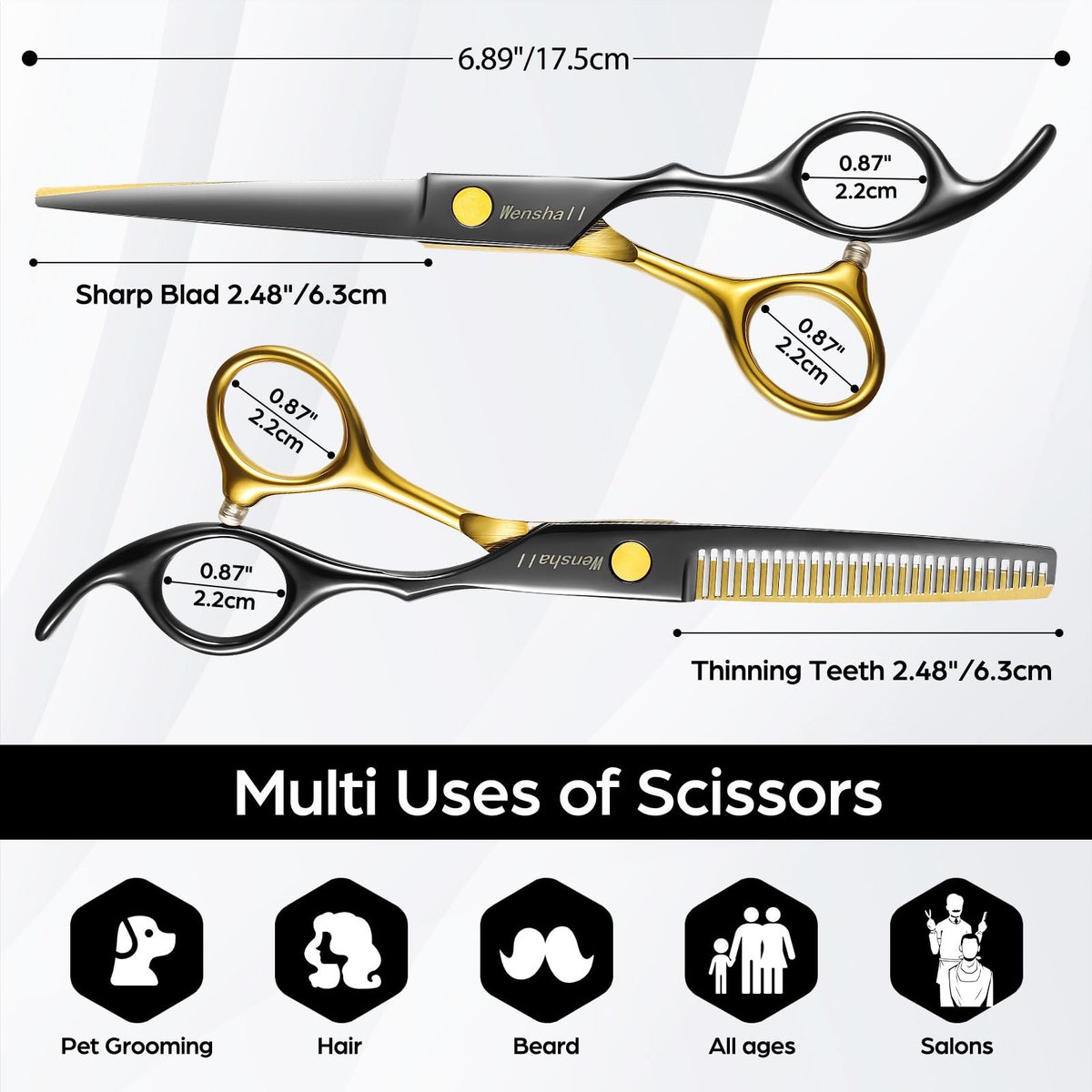 Wenshall Professional Black Gold Hair Scissors 6.89" Teeth Japanese Stainless Steel Thinning Shears - Premium Salon & Barber Tool for Men & Women Avelisse