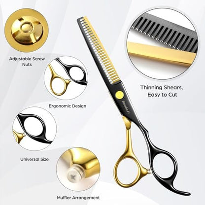 Wenshall Professional Black Gold Hair Scissors 6.89" Teeth Japanese Stainless Steel Thinning Shears - Premium Salon & Barber Tool for Men & Women Avelisse