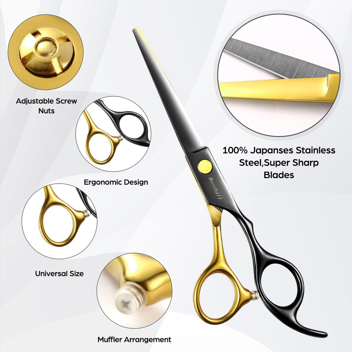 Wenshall Professional Black Gold Hair Scissors 6.89" Teeth Japanese Stainless Steel Thinning Shears - Premium Salon & Barber Tool for Men & Women Avelisse
