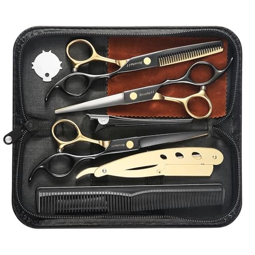 Wenshall Professional Black Gold Hair Scissors 6.89" Teeth Japanese Stainless Steel Thinning Shears - Premium Salon & Barber Tool for Men & Women Avelisse