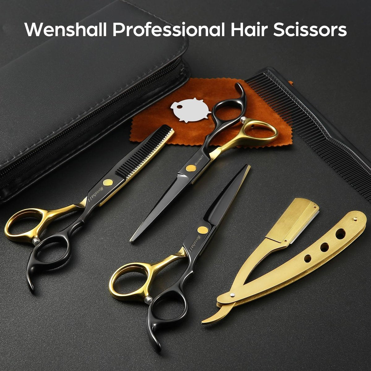 Wenshall Professional Black Gold Hair Scissors 6.89" Teeth Japanese Stainless Steel Thinning Shears - Premium Salon & Barber Tool for Men & Women Avelisse