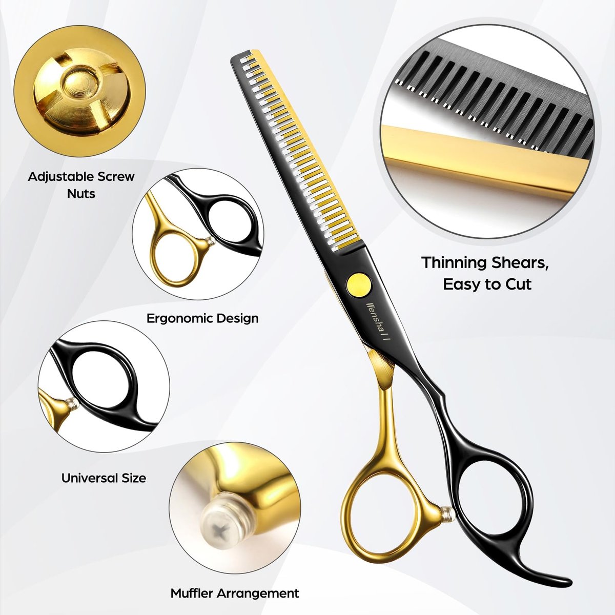 Wenshall Professional Black Gold Hair Scissors 6.89" Teeth Japanese Stainless Steel Thinning Shears - Premium Salon & Barber Tool for Men & Women Avelisse