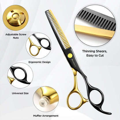 Wenshall Professional Black Gold Hair Scissors 6.89" Teeth Japanese Stainless Steel Thinning Shears - Premium Salon & Barber Tool for Men & Women Avelisse