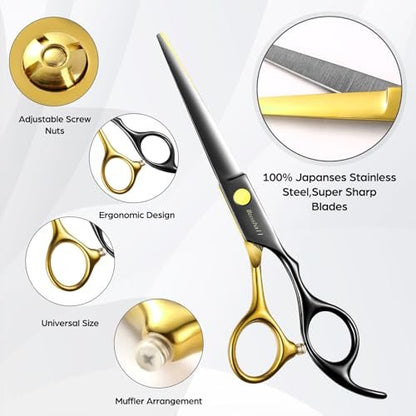 Wenshall Professional Black Gold Hair Scissors 6.89" Teeth Japanese Stainless Steel Thinning Shears - Premium Salon & Barber Tool for Men & Women Avelisse