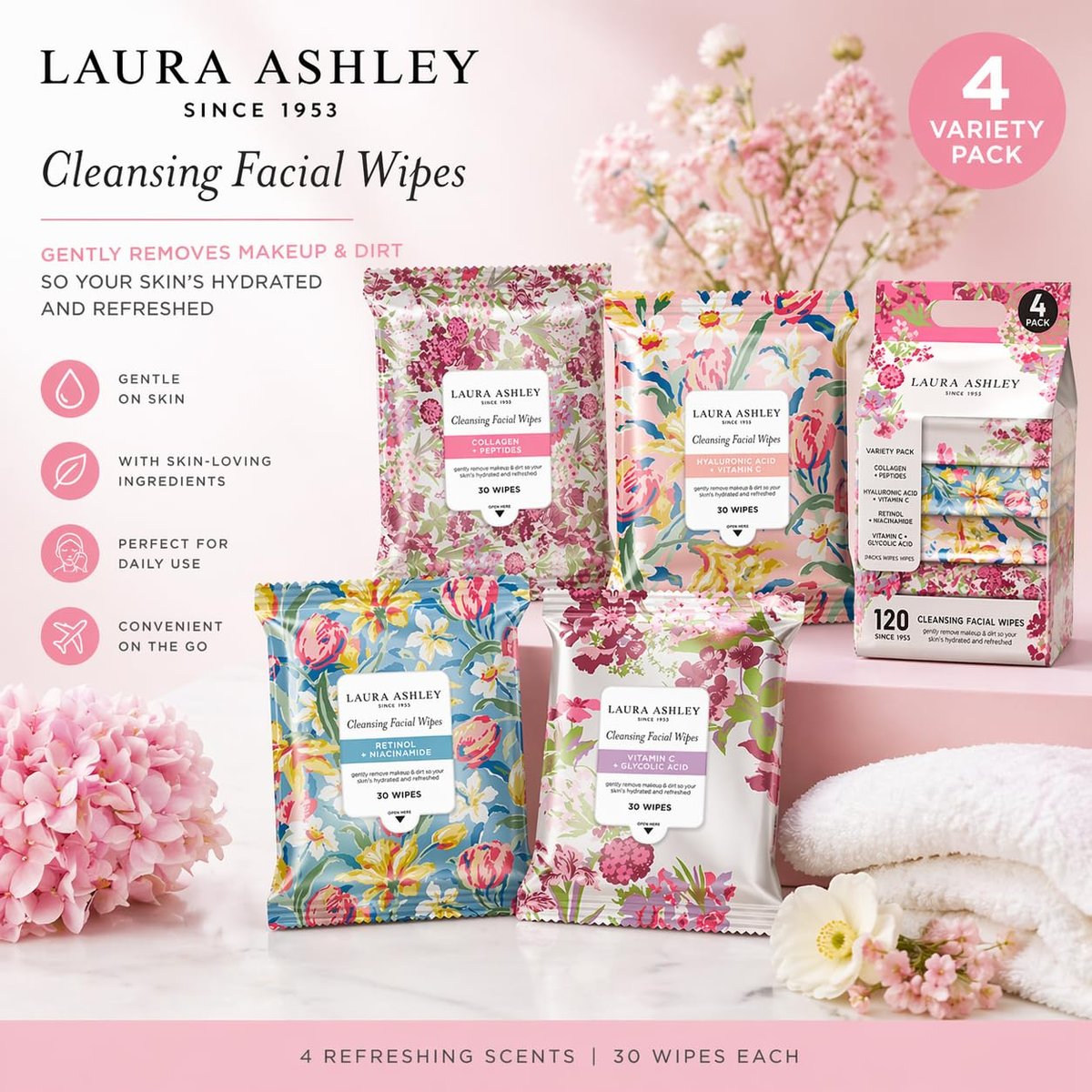 Laura Ashley 4 Pack Face Wipes for Women - Cleansing Makeup Remover Wipes with Vitamin C, Retinol, Hyaluronic Acid - 120 Pcs Avelisse