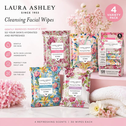 Laura Ashley 4 Pack Face Wipes for Women - Cleansing Makeup Remover Wipes with Vitamin C, Retinol, Hyaluronic Acid - 120 Pcs Avelisse