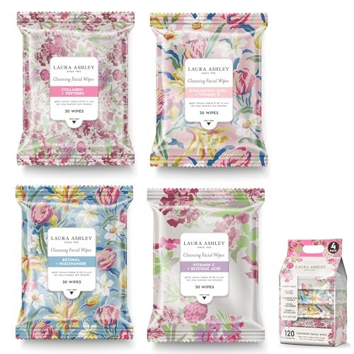 Laura Ashley 4 Pack Face Wipes for Women - Cleansing Makeup Remover Wipes with Vitamin C, Retinol, Hyaluronic Acid - 120 Pcs Avelisse