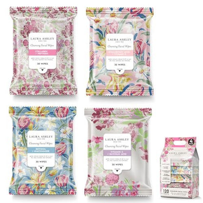 Laura Ashley 4 Pack Face Wipes for Women - Cleansing Makeup Remover Wipes with Vitamin C, Retinol, Hyaluronic Acid - 120 Pcs Avelisse