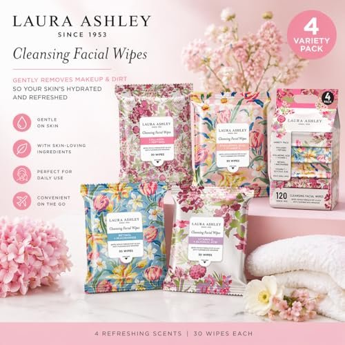 Laura Ashley 4 Pack Face Wipes for Women - Cleansing Makeup Remover Wipes with Vitamin C, Retinol, Hyaluronic Acid - 120 Pcs Avelisse