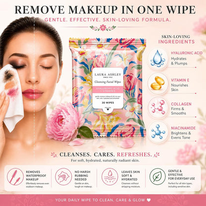 Laura Ashley 4 Pack Face Wipes for Women - Cleansing Makeup Remover Wipes with Vitamin C, Retinol, Hyaluronic Acid - 120 Pcs Avelisse