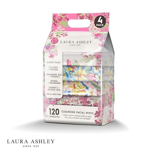 Laura Ashley 4 Pack Face Wipes for Women - Cleansing Makeup Remover Wipes with Vitamin C, Retinol, Hyaluronic Acid - 120 Pcs Avelisse
