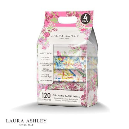 Laura Ashley 4 Pack Face Wipes for Women - Cleansing Makeup Remover Wipes with Vitamin C, Retinol, Hyaluronic Acid - 120 Pcs Avelisse