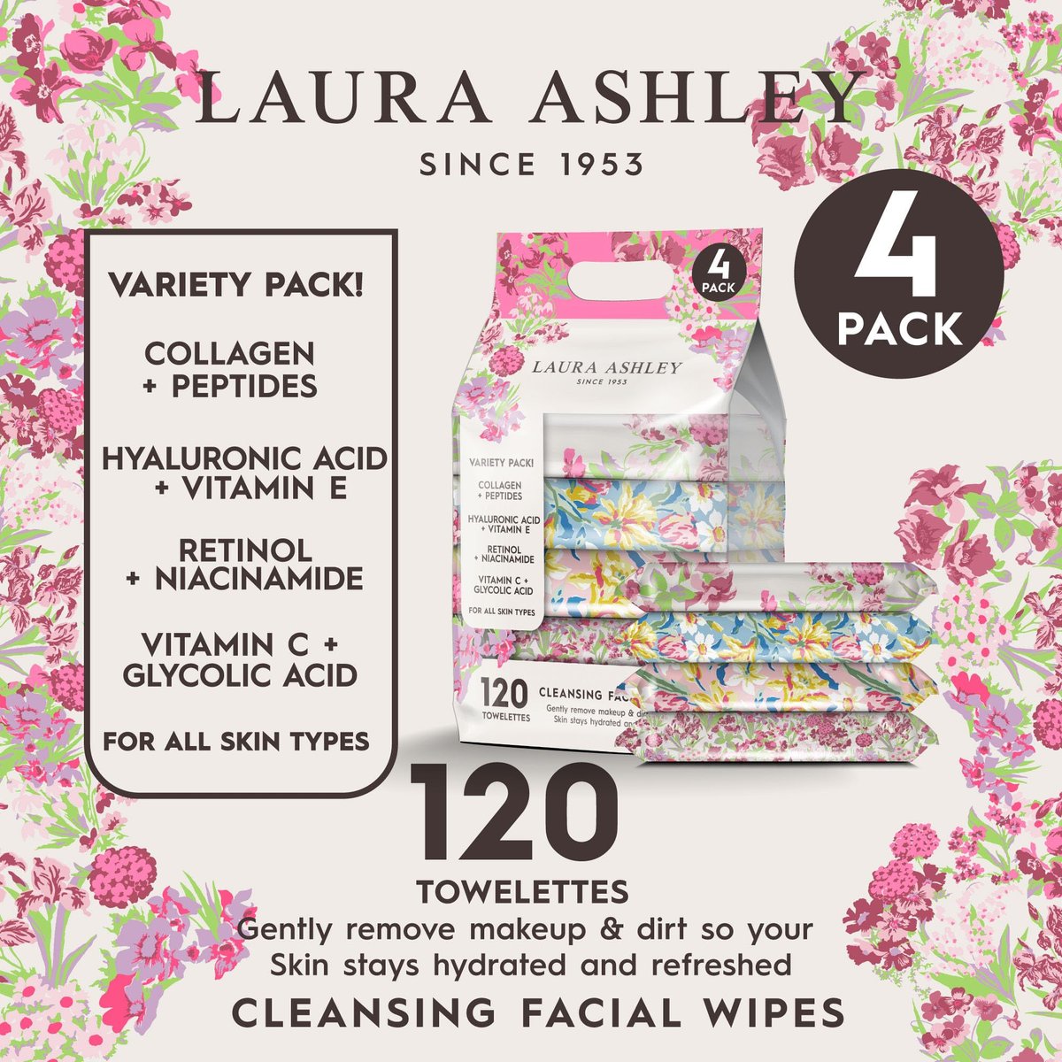 Laura Ashley 4 Pack Face Wipes for Women - Cleansing Makeup Remover Wipes with Vitamin C, Retinol, Hyaluronic Acid - 120 Pcs Avelisse