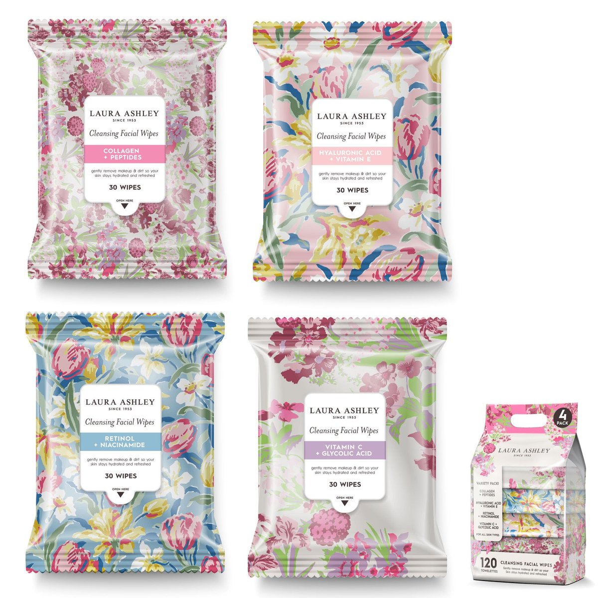 Laura Ashley 4 Pack Face Wipes for Women - Cleansing Makeup Remover Wipes with Vitamin C, Retinol, Hyaluronic Acid - 120 Pcs Avelisse