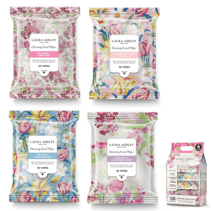 Laura Ashley 4 Pack Face Wipes for Women - Cleansing Makeup Remover Wipes with Vitamin C, Retinol, Hyaluronic Acid - 120 Pcs Avelisse