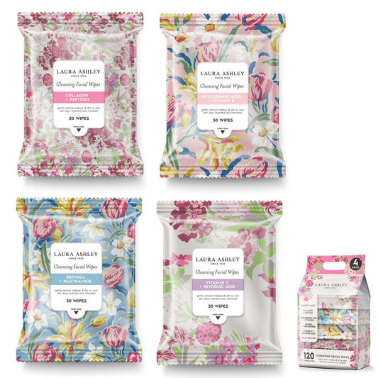 Laura Ashley 4 Pack Face Wipes for Women - Cleansing Makeup Remover Wipes with Vitamin C, Retinol, Hyaluronic Acid - 120 Pcs Avelisse