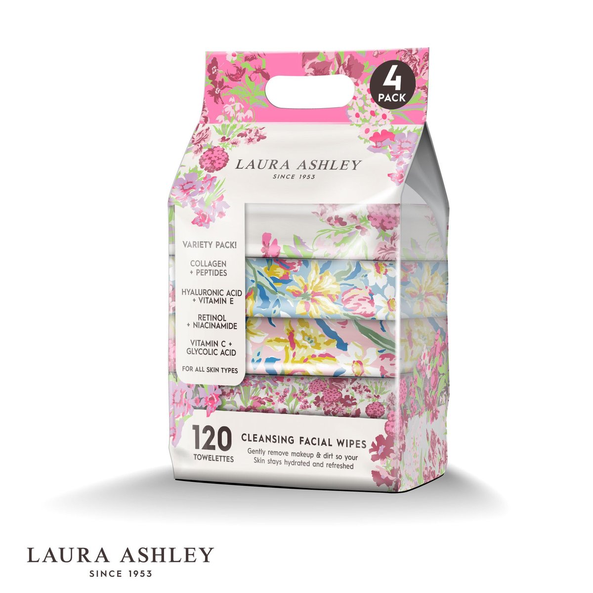 Laura Ashley 4 Pack Face Wipes for Women - Cleansing Makeup Remover Wipes with Vitamin C, Retinol, Hyaluronic Acid - 120 Pcs Avelisse