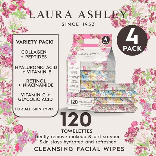 Laura Ashley 4 Pack Face Wipes for Women - Cleansing Makeup Remover Wipes with Vitamin C, Retinol, Hyaluronic Acid - 120 Pcs Avelisse