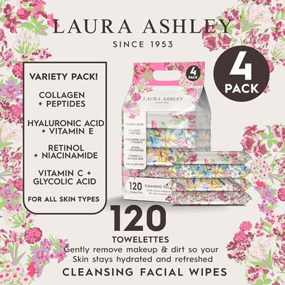 Laura Ashley 4 Pack Face Wipes for Women - Cleansing Makeup Remover Wipes with Vitamin C, Retinol, Hyaluronic Acid - 120 Pcs Avelisse