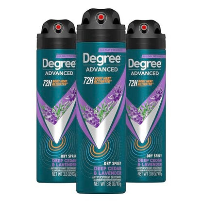 Degree Men Advanced Antiperspirant Deodorant Dry Spray Deep Cedar & Lavender, 3-Pack, 72-Hour Sweat and Odor Protection with Body Heat Activated Technology, 3.8 oz Each