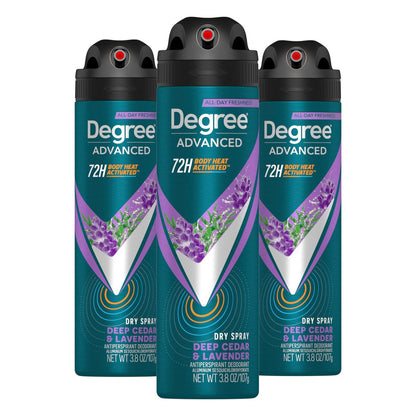Degree Men Advanced Antiperspirant Deodorant Dry Spray Deep Cedar & Lavender, 3-Pack, 72-Hour Sweat and Odor Protection with Body Heat Activated Technology, 3.8 oz Each