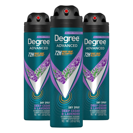 Degree Men Advanced Antiperspirant Deodorant Dry Spray Deep Cedar & Lavender, 3-Pack, 72-Hour Sweat and Odor Protection with Body Heat Activated Technology, 3.8 oz Each