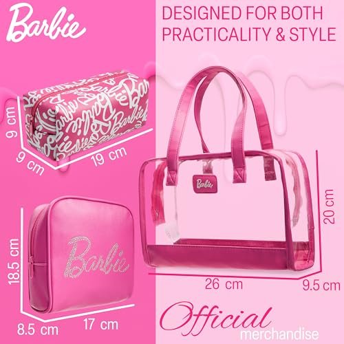 Get Trend Barbie Toiletry Bags Set of 3 - Pink Zipped Wash Bag & Cosmetic Case Holiday Essentials Avelisse