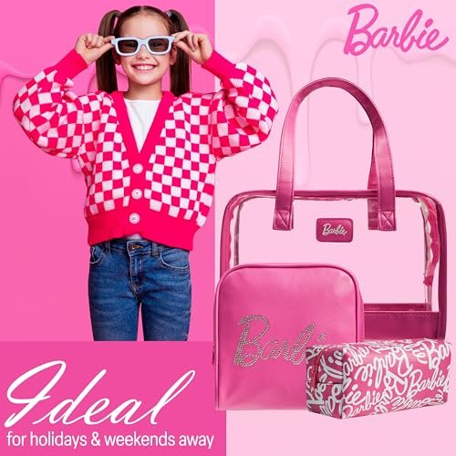 Get Trend Barbie Toiletry Bags Set of 3 - Pink Zipped Wash Bag & Cosmetic Case Holiday Essentials Avelisse