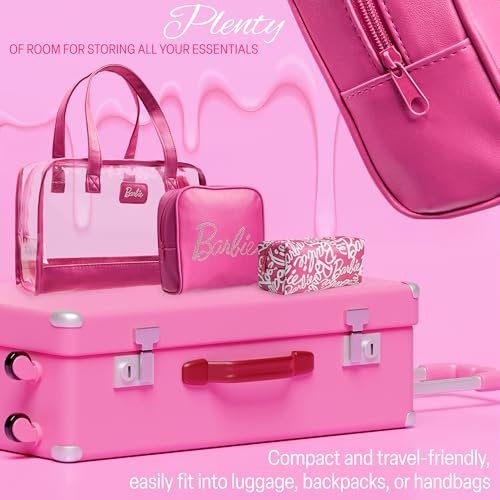 Get Trend Barbie Toiletry Bags Set of 3 - Pink Zipped Wash Bag & Cosmetic Case Holiday Essentials Avelisse